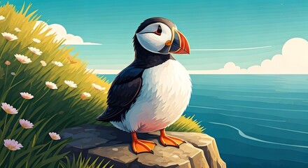 Puffin Perched on Cliff: Coastal Wildlife Illustration