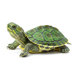 A Detailed Studio Shot of a Green Turtle with Yellow Stripes on a White Background