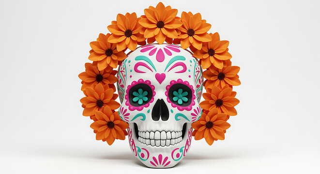 Sugar Skull Adorned With Vibrant Orange Flowers For Day Of The Dead