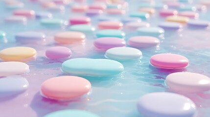 Jelly pads arranged softly above flowing candy stream in rich pastel