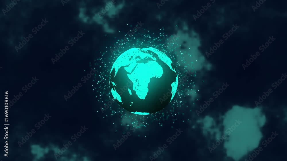 Aufkleber teal particle globe animation rotating earth technology futuristic sci-fi 4k uhd. animated teal digi