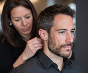 Obraz premium A woman carefully adjusts a man's collar, a close-up view highlighting the precision and care in a professional setting.
