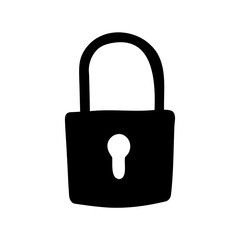 Solid black vector image of a secure padlock on a white background
