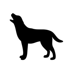 Silhouette of a howling dog with its head raised, isolated on white