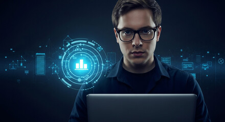 Confident young programmer coding with futuristic interface overlay on laptop for innovative tech startup