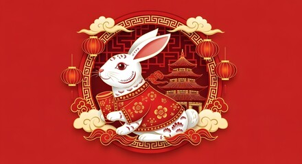 Festive chinese new year illustration featuring a white rabbit in traditional attire, surrounded by lanterns and clouds on a vibrant red background