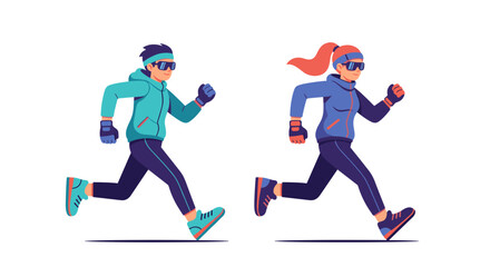 Fototapeta premium Active male and female athletes running outdoors wearing warm athletic clothing and sports accessories enjoying healthy lifestyle activities