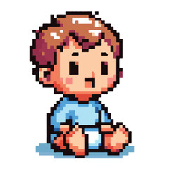 Charming pixel art illustration of a sitting baby boy. A cute infant character sprite designed in a nostalgic retro 8-bit video game aesthetic isolated on a white background