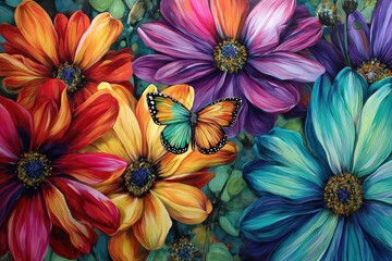 Naklejka premium Vibrant Colorful Flowers And Butterfly Painting
