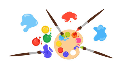 Artistic palette with brushes and vibrant splashes of colors for creative expression