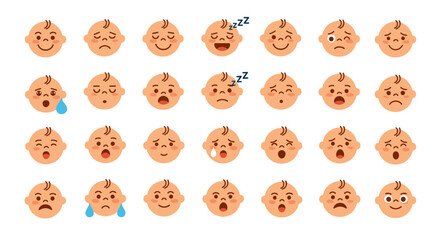 Collection of adorable baby faces expressing a wide range of emotions and feelings illustrated