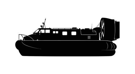 Black silhouette of a hovercraft, a versatile amphibious vehicle with a large rear fan.
