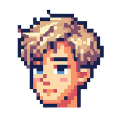 Pixel art character portrait of a young man's face with messy blonde hair. Retro 8-bit style avatar icon for a game or profile