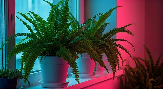Ferns in Neon Light: Vibrant Indoor Plant Photography