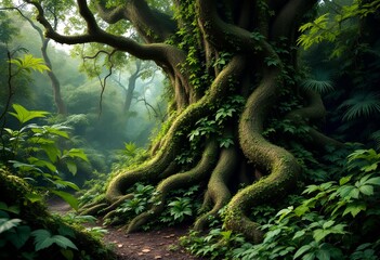 Ancient Banyan Tree in Lush Rainforest, Mystical Jungle Scene