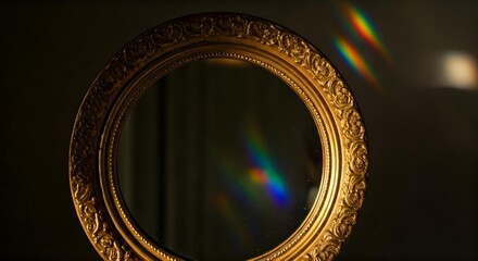 Ornate Gold Mirror Reflecting a Rainbow Prism