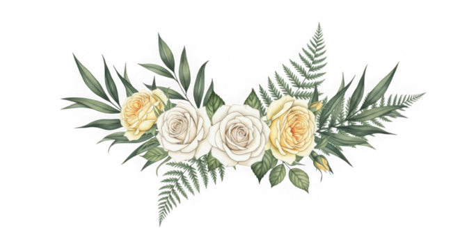 Watercolor floral arrangement with white and yellow roses and green fern leaves, isolated on transparent background