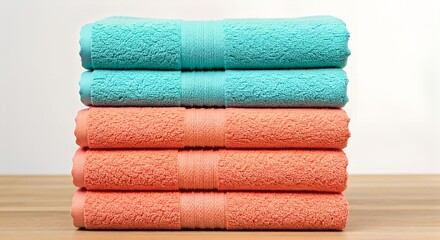 Stack of Soft Coral and Teal Bath Towels on Wooden Surface