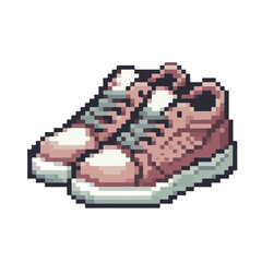 A detailed pixelated illustration of a pair of fashionable pink sneakers, representing retro gaming culture and casual footwear