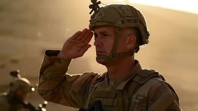 Soldier Saluting with Desert Sunset.