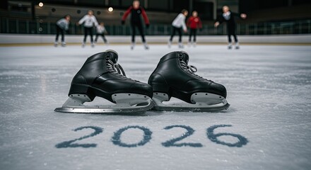 Ice Skates on Rink with "2026" Etched, Blurred Skaters in Background