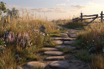 Scenic Stone Path Through Wildflowers at Golden Hour