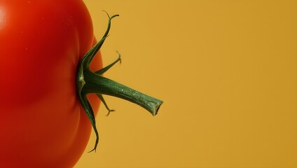 A detailed macro photograph of a vibrant red ripe tomato with a fresh green stem, isolated against a solid warm yellow background with ample copy space