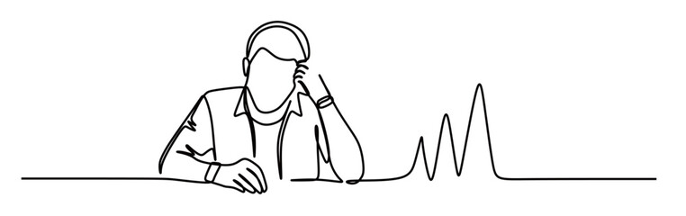 continuous line art of a male office worker holding his head with his hand and a graphic beside him. vector illustration
