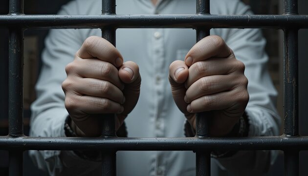 Desperate hands gripping cold prison bars, symbolizing confinement, loss of freedom, and the weight of consequence, evoking powerful emotions of regret and hope for redemption.