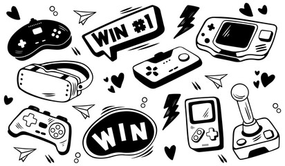 Video game hand drawn doodle set. Video gamer console vector illustration © rupa