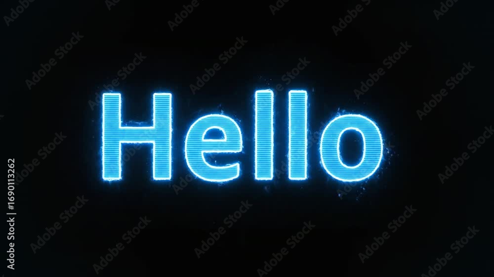 Poster animated blue neon 'hello' text sequence on a black background showcasing digital message and