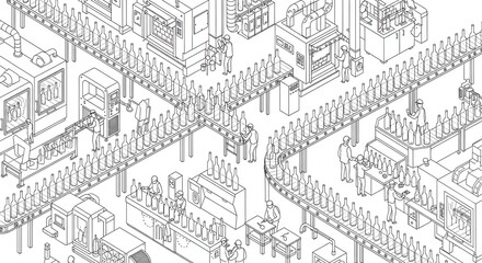 Intricate Isometric Line Drawing of a Busy Beverage Bottling Factory Floor