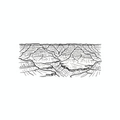 A detailed black and white illustration of a vast canyon landscape with layered rock formations.