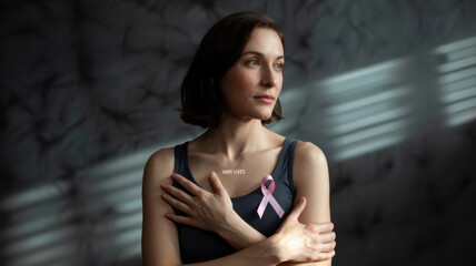 Fototapeta premium Woman in dark clothing with pink ribbon Breast Cancer Awareness support