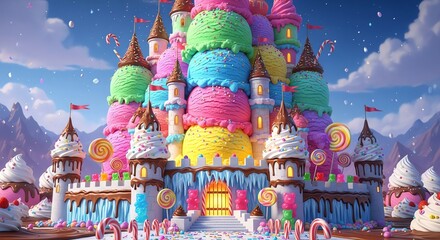 Whimsical Ice Cream Castle Fantasy: A Dreamy Confectionery Wonderland with Candy Accents