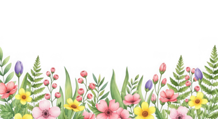 Watercolor floral border with various spring flowers and green leaves isolated on transparent background