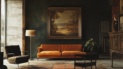 A Vintage Living Room Interior with an Orange Sofa and an Antique Cabinet