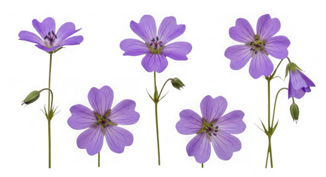Collection of delicate purple wildflowers with green stems and buds, isolated on a transparent background, showcasing their intricate petal structure