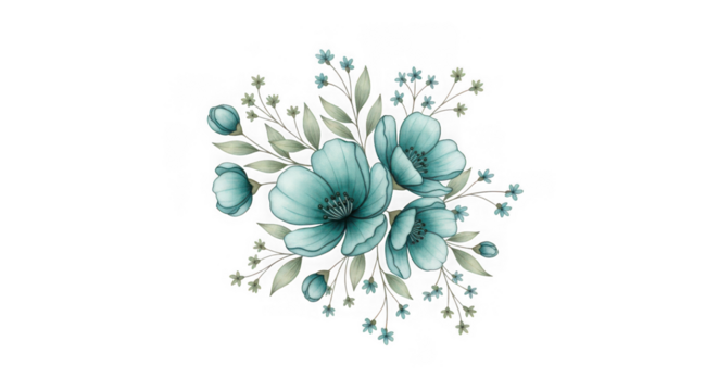 Artistic watercolor illustration of a bouquet of tealcolored flowers and green leaves with small buds and delicate stems, isolated on a transparent background