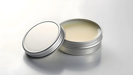 Open Mini Lip Balm Tin Mockup with Blank Design in Soft Lighting &ndash; Realistic Tiny Cosmetic Packaging Template for Elegant Branding, Logo Showcase, and Professional Product Display