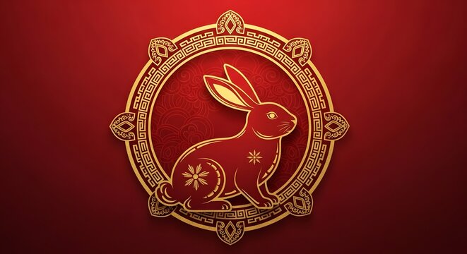 Elegant golden rabbit emblem on a rich red background, symbolizing the chinese new year and zodiac animal, radiating prosperity and good fortune - Powered by Adobe