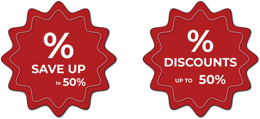 Two red starburst labels advertising Save Up to 50%  and Discounts Up to 50%