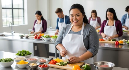 Joyful diverse group learning culinary skills in a bright, modern cooking class, chopping fresh ingredients and smiling