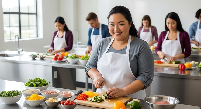 Joyful diverse group learning culinary skills in a bright, modern cooking class, chopping fresh ingredients and smiling