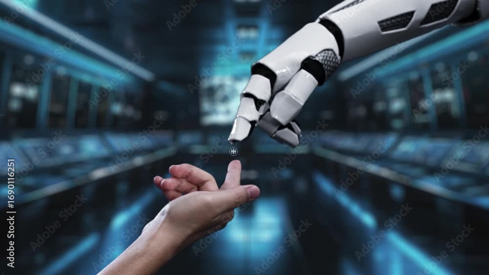 Poster a captivating visual of a robotic hand reaching toward a human hand, set against a modern tech backg