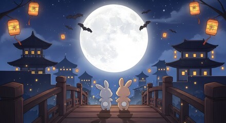 Two cute rabbits are watching the full moon on the bridge with lanterns and bats flying around, celebrating the midautumn festival in a traditional setting