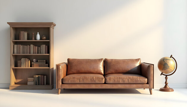 Cozy Living Room with Brown Leather Sofa, Bookshelf, and Globe