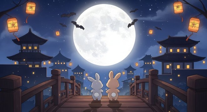 Two cute rabbits are watching the full moon on the bridge with lanterns and bats flying around, celebrating the midautumn festival in a traditional setting