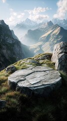 Obraz premium Majestic mountain landscape with round stone platform on grassy cliff, dramatic alpine peaks and valley view 