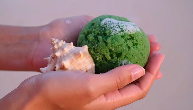 Hands holding a seashell and a bath bomb